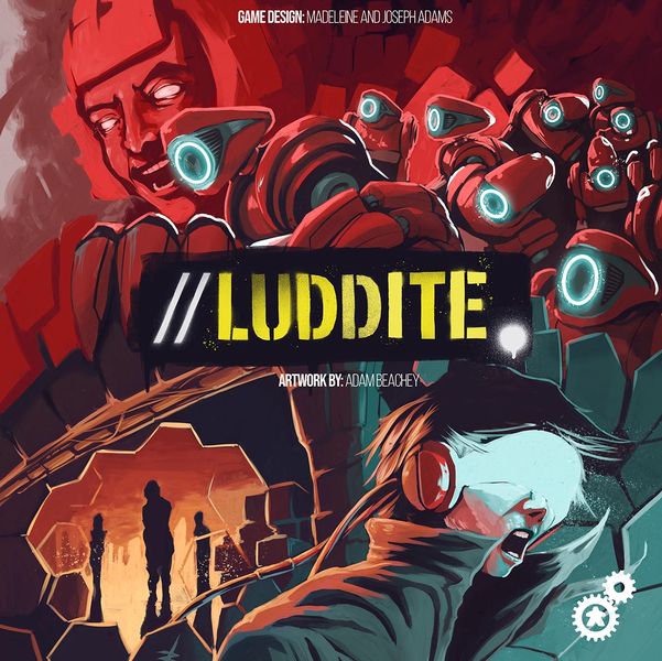 Luddite (PREORDER) - Board game box with red and black artwork featuring a group of robots with glowing blue eyes and a person wearing futuristic