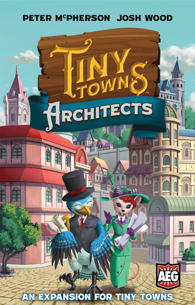 Tiny Towns: Architects (PREORDER) - Colorful board game box art showing anthropomorphic animal architects in Victorian attire against a detailed cityscape.