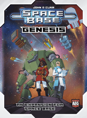 Space Base: Genesis (PREORDER) - Genesis board game box with futuristic artwork of three characters standing before a large green mech robot, set against a.