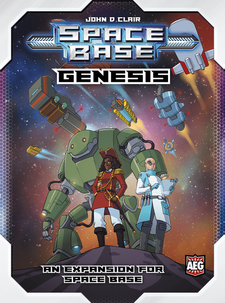 Space Base: Genesis (PREORDER) - Genesis board game box with futuristic artwork of three characters standing before a large green mech robot, set against a.