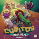 Cubitos: Fowl Play (PREORDER) - Colorful illustrated box cover featuring a green dragon with red mane racing purple and brown birds on a track, bold yellow.