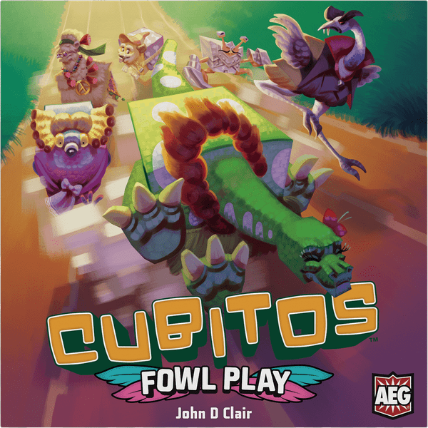 Cubitos: Fowl Play (PREORDER) - Colorful illustrated box cover featuring a green dragon with red mane racing purple and brown birds on a track, bold yellow.