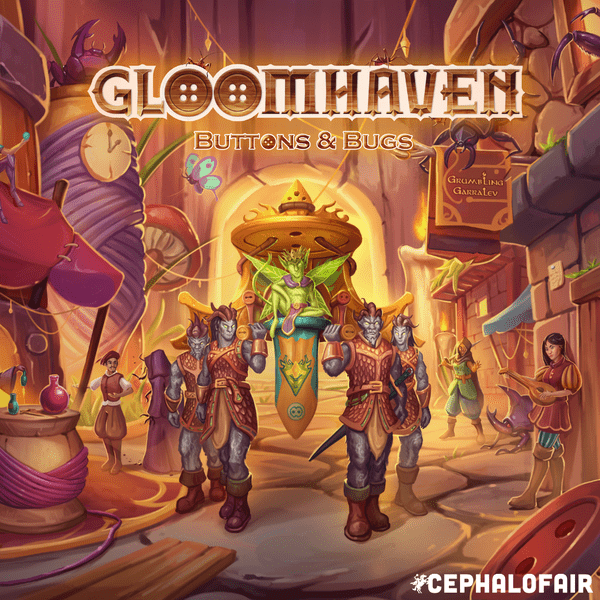 Gloomhaven: Buttons & Bugs (PREORDER) - Colorful fantasy game cover featuring anthropomorphic bug characters in armor walking down a vibrant village street at.