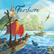 Everdell: Farshore (PREORDER) - Colorful fantasy board game box art showing a wooden ship with red sails approaching a detailed coastal village under a.