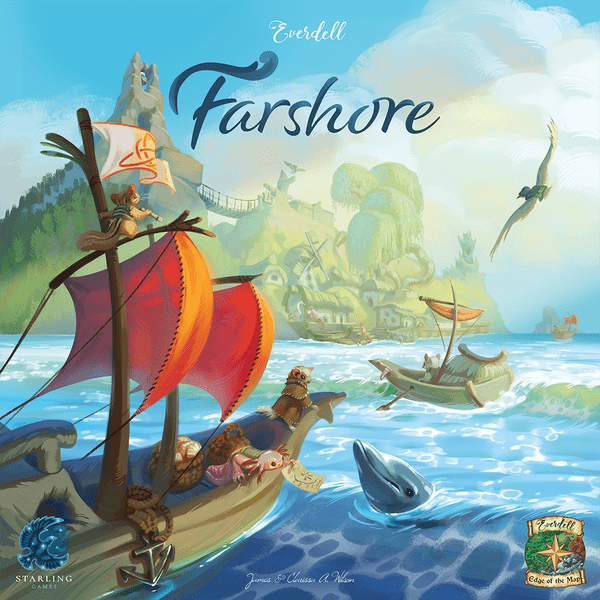 Everdell: Farshore (PREORDER) - Colorful fantasy board game box art showing a wooden ship with red sails approaching a detailed coastal village under a.