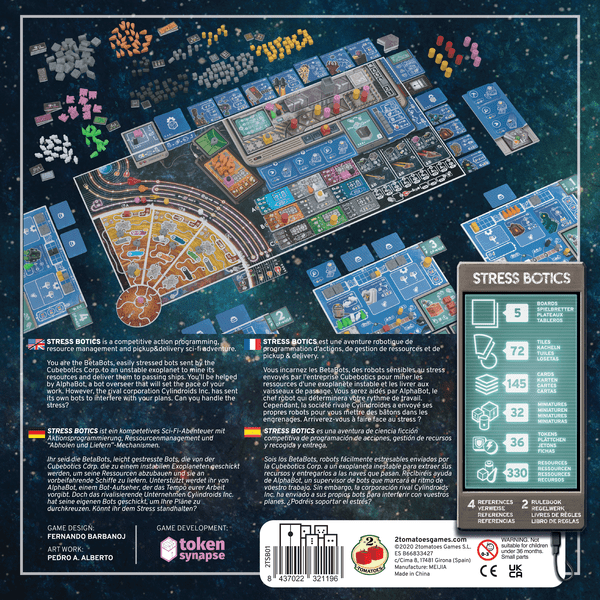 Stress Botics (PREORDER) - Strategy board game Stress Botics featuring a futuristic city map and colorful game pieces on a dark background.