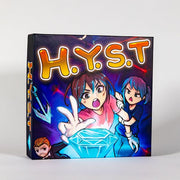 H.Y.S.T - Square board game box with bold orange-yellow "H.Y.S.T" title and anime-style characters reaching for glowing blue diamond.