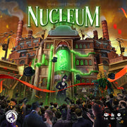 Nucleum - Board game box cover featuring a large industrial building with green glowing core, crowded with miniature figures and a.