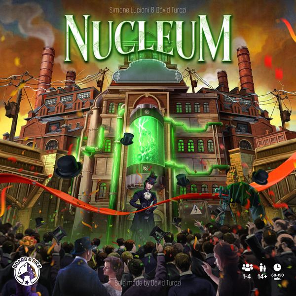 Nucleum - Board game box cover featuring a large industrial building with green glowing core, crowded with miniature figures and a.