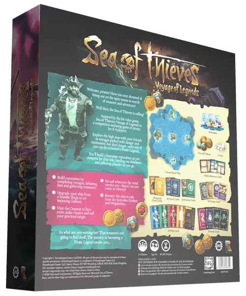 Sea of Thieves: Voyage of Legends - Voyage of Legends board game box with pirate skull artwork and colorful game components and cards displayed on the back.