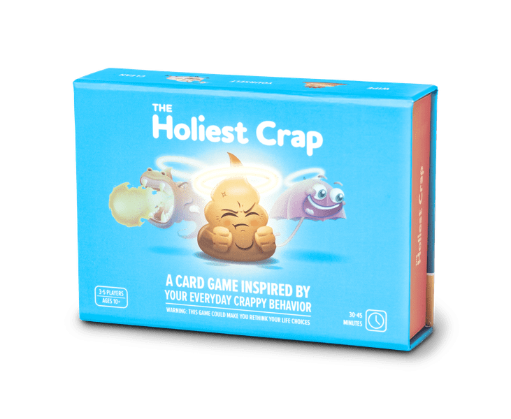 The Holiest Crap - Blue rectangular card game box featuring cartoon poop characters and white text The Holiest Crap.