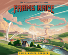 Farms Race (PREORDER) - Colorful board game cover illustrating a race across a rural landscape with farms, smokestacks, and clouds under an orange.