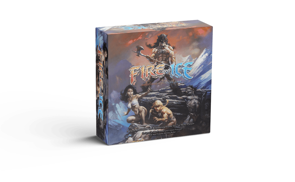 Frazetta Fire and Ice Miniatures Adventure Game - Square game box with illustrated fantasy characters in action poses, titled Fire and Ice, featuring fiery reds and icy blues