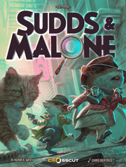 Sudds & Malone (PREORDER) - Board game box featuring illustrated anthropomorphic cats dressed as detectives with a magnifying glass and cityscape.