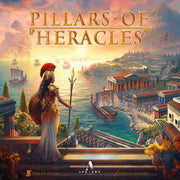 Pillars Of Heracles - Board game box cover featuring an ancient Mediterranean harbor scene with a warrior woman in armor overlooking ships and a.