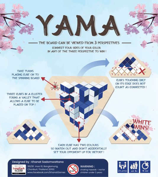 Yamma (PREORDER) - Yamma abstract strategy game board with interconnected blue and white cubes and geometric tiles.