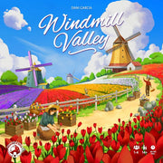 Windmill Valley - Colorful board game box cover featuring vibrant tulip fields, two windmills, a farmer harvesting flowers, and a bright blue.