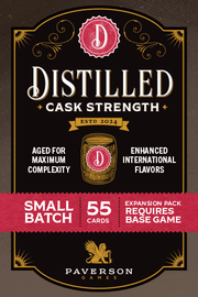 Distilled: Cask Strength (PREORDER) - Black and gold rectangular card box with red and white text for Distilled Cask Strength strategy game expansion pack,.