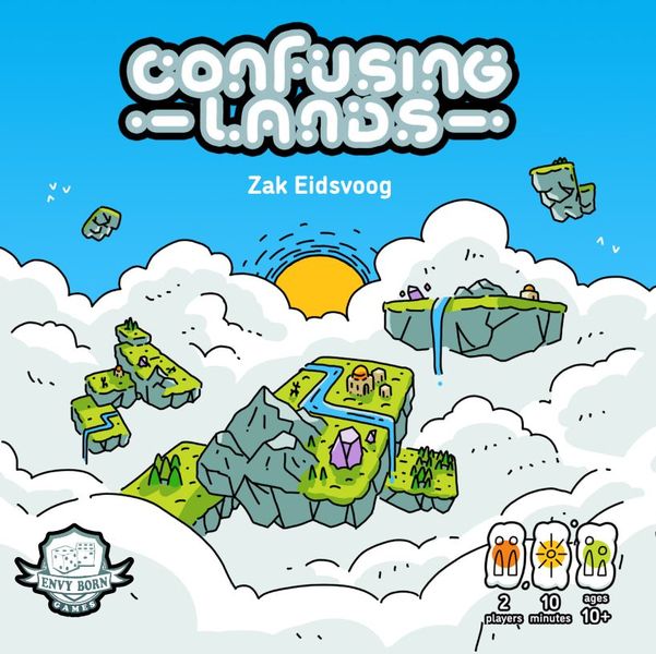 Confusing Lands - Colorful board game cover showing floating green islands with cartoon characters above white clouds under a bright blue sky.