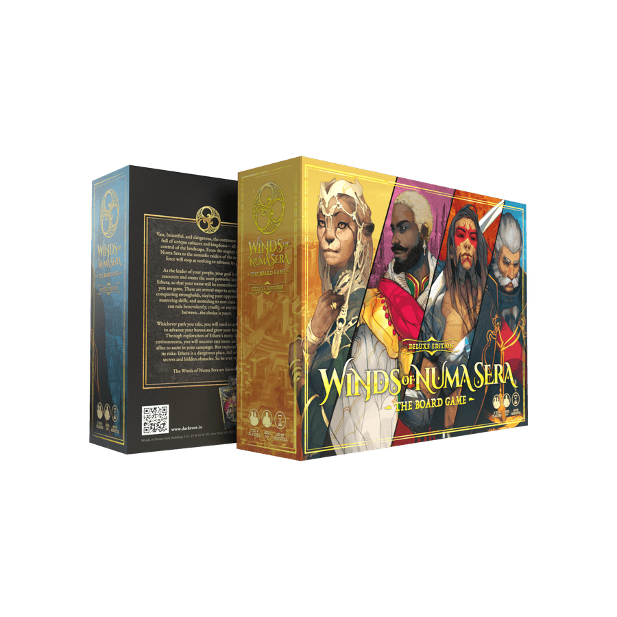 Winds of Numa Sera (PREORDER) - Rectangular board game box with colorful illustrated characters in historical attire and gold-accented title Winds of Numa.