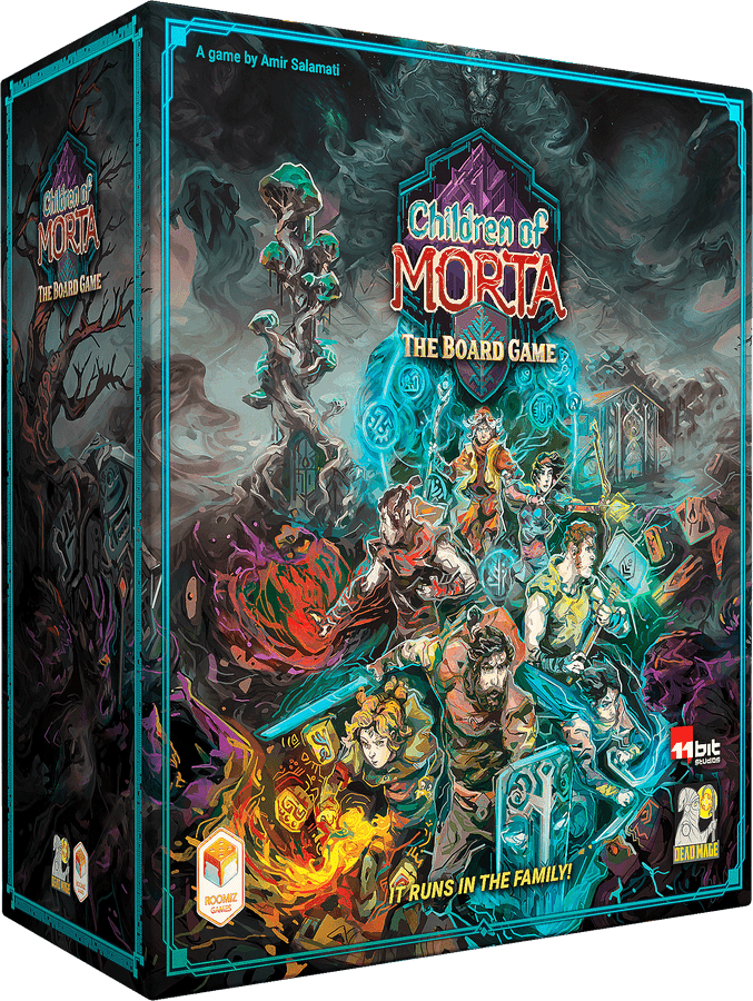 Children of Morta - Dark fantasy-themed board game box with colorful, detailed character artwork and glowing blue-green title text.