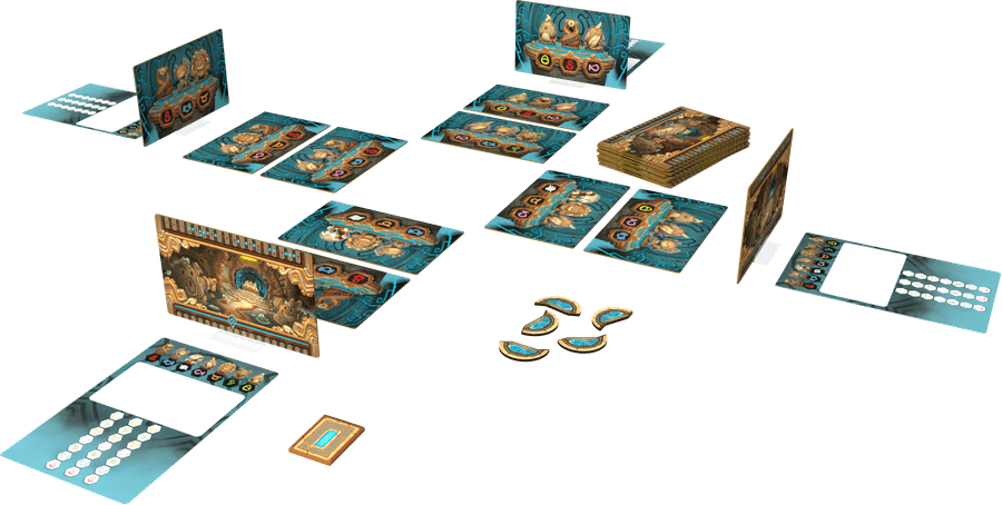 Temple Code (PREORDER) - Board game setup with dark-themed cards, tokens, and score sheets arranged on a white surface.