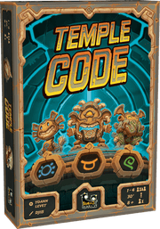 Temple Code (PREORDER) - Box of Temple Code board game with orange and yellow title text on teal background featuring three cartoonish stone temple.