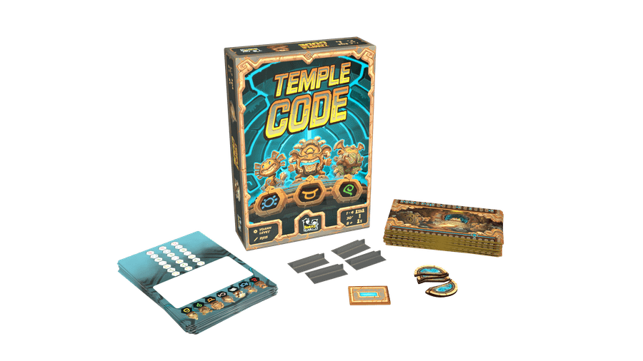 Temple Code (PREORDER) - Rectangular board game box with a temple-themed design in teal and gold, including game cards, tokens, and a wooden frame.