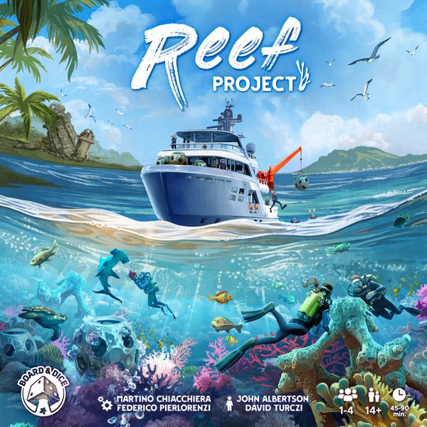 Reef Project - Colorful board game box featuring a research ship above water and divers exploring a vibrant coral reef underwater.