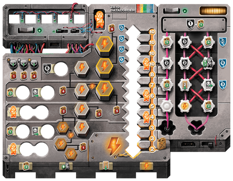 Phoenix New Horizon - Dark gray game board with green circular and hexagonal markers, orange lightning bolt icons, and black vertical tracks with.