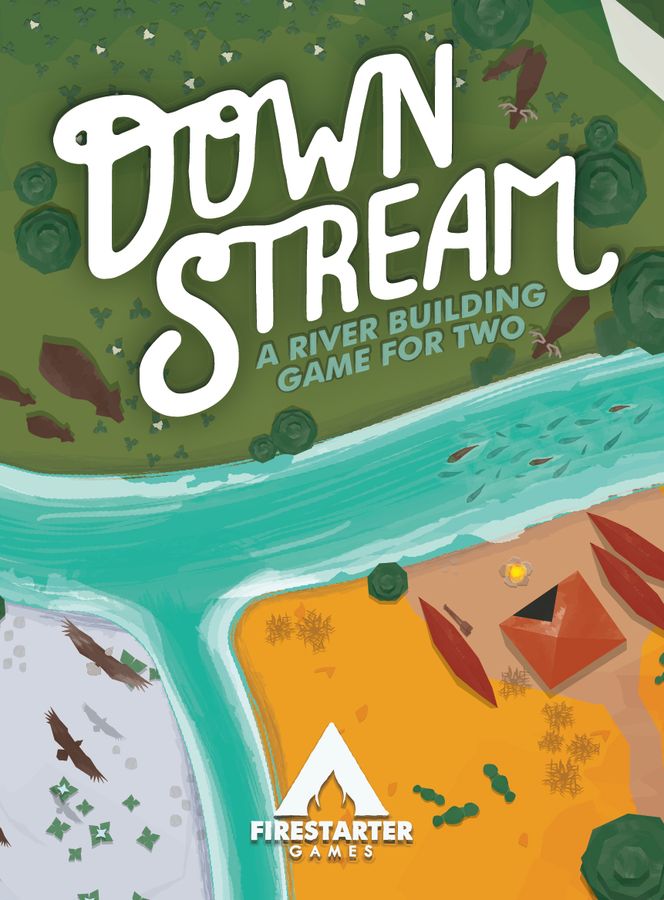 Downstream (PREORDER) - Downstream board game box with stylized white text over a green and orange river landscape illustration.
