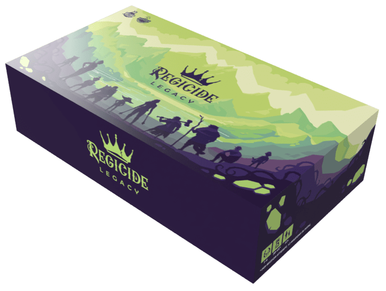 Regicide Legacy (PREORDER) - Rectangular game box with green and purple gradient landscape art featuring silhouettes of adventurers and a castle.