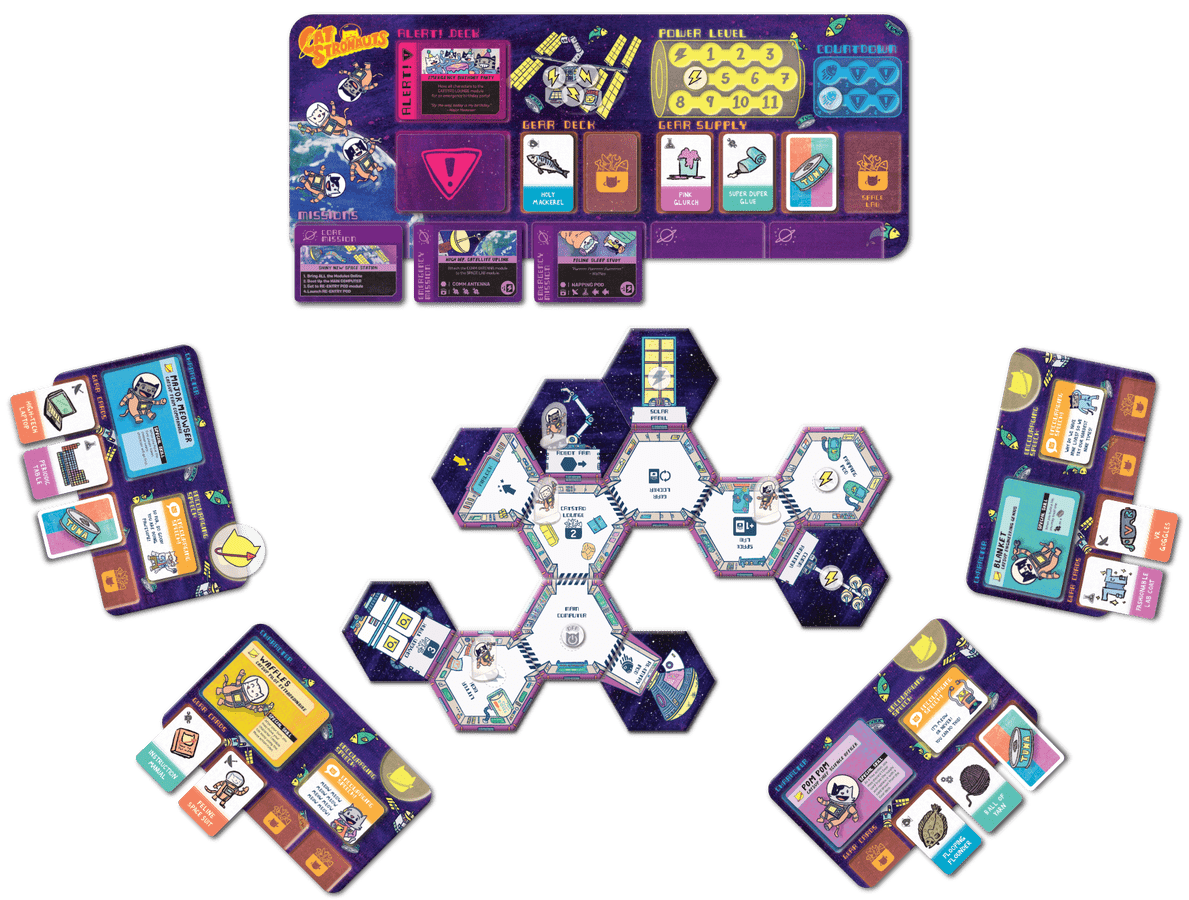 CatStronauts: The Board Game - CatStronauts board game with hexagonal space-themed tiles and colorful player boards displaying cards and tokens.
