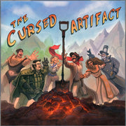 The Cursed Artifact (PREORDER) - Colorful illustrated fantasy scene featuring six characters around a glowing, cursed shovel embedded in rocky ground.