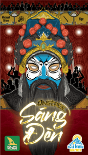 Onstage (PREORDER) - Colorful card with detailed illustration of a traditional Asian opera mask wearing ornate headgear with red pom-poms and.