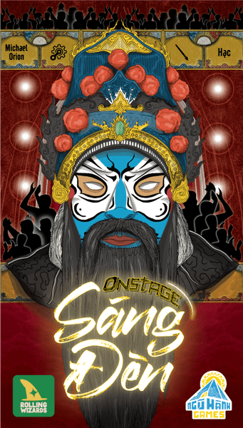 Onstage (PREORDER) - Colorful card with detailed illustration of a traditional Asian opera mask wearing ornate headgear with red pom-poms and.