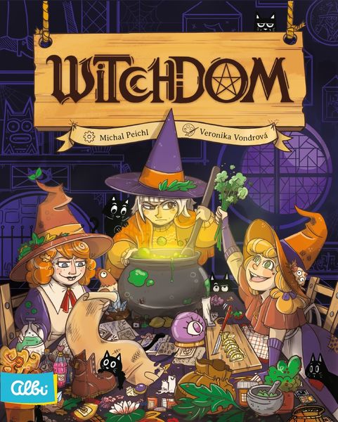Witchdom (PREORDER) - Colorful card game box titled "Witchdom" featuring three whimsical witches around a bubbling cauldron with various magical.