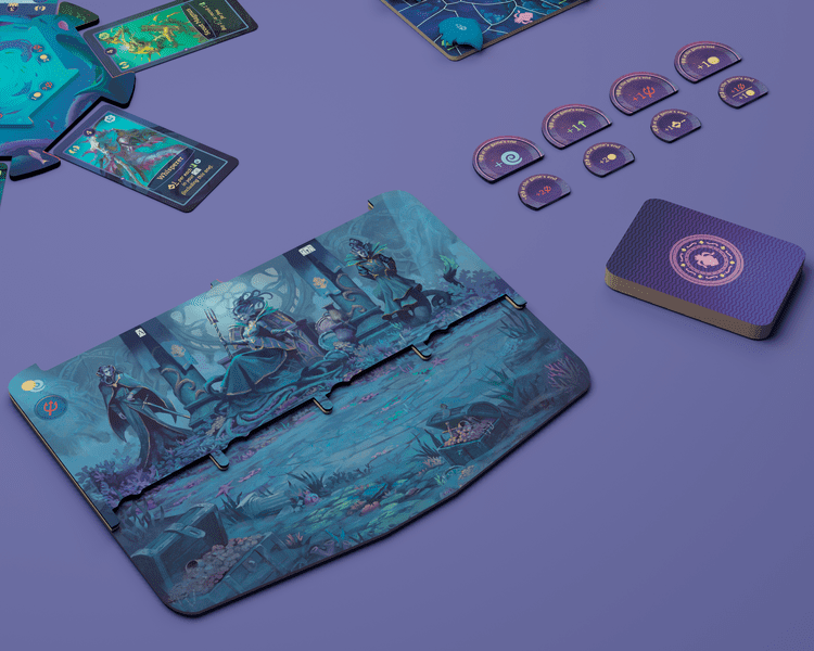 Aquatica Duellum (PREORDER) - Folded board game mat with detailed underwater fantasy artwork in teal and blue tones, cards featuring aquatic designs, and.