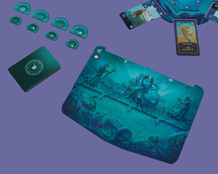 Aquatica Duellum (PREORDER) - Board game setup featuring a blue-green oceanic playmat with detailed sea warriors, cards with intricate fantasy artwork,.