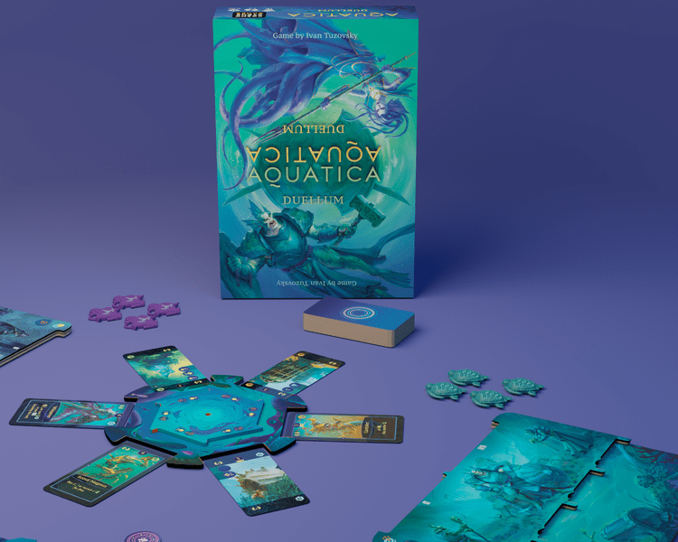 Aquatica Duellum (PREORDER) - Strategy board game Aquatica Duellum with ocean-themed hexagonal board, teal and blue cards, and purple and teal game pieces