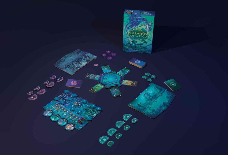 Aquatica Duellum (PREORDER) - Aquatica Duellum strategy board game with ocean-themed cards, tokens, and hexagonal player boards in blue and green tones.