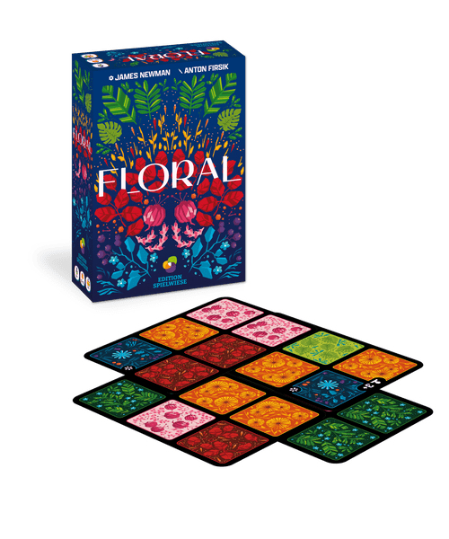 Floral - Blue card game box with colorful floral designs and multicolored rectangular game cards displaying various flower patterns.