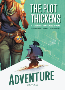 The Plot Thickens: Adventure - Card game box featuring a green-toned illustration of a pirate with a sword and ship, adventure edition text.