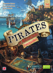 Pirates of Maracaibo: Commanders - Board game box featuring a coastal pirate fortress, ships, and a weathered map with skull and bottle details.
