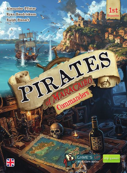 Pirates of Maracaibo: Commanders - Board game box featuring a coastal pirate fortress, ships, and a weathered map with skull and bottle details.
