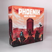 Phoenix New Horizon - Square board game box with red-orange sci-fi landscape, featuring three armored characters and tall dark towers under a.