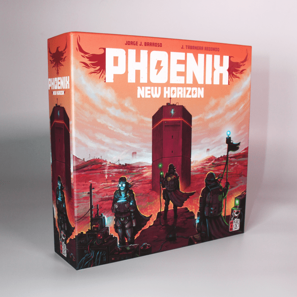 Phoenix New Horizon - Square board game box with red-orange sci-fi landscape, featuring three armored characters and tall dark towers under a.