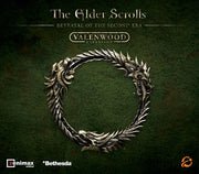 The Elder Scrolls: Betrayal of the Second Era Valenwood Expansion - Dark green square box cover with circular dragon ouroboros symbol in metallic bronze, featuring "The Elder Scrolls Betrayal.
