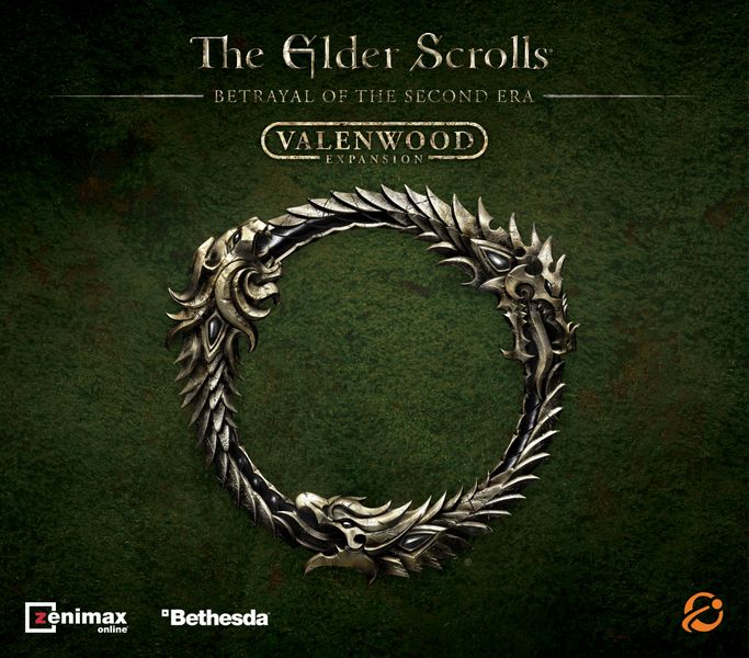 The Elder Scrolls: Betrayal of the Second Era Valenwood Expansion - Dark green square box cover with circular dragon ouroboros symbol in metallic bronze, featuring "The Elder Scrolls Betrayal.