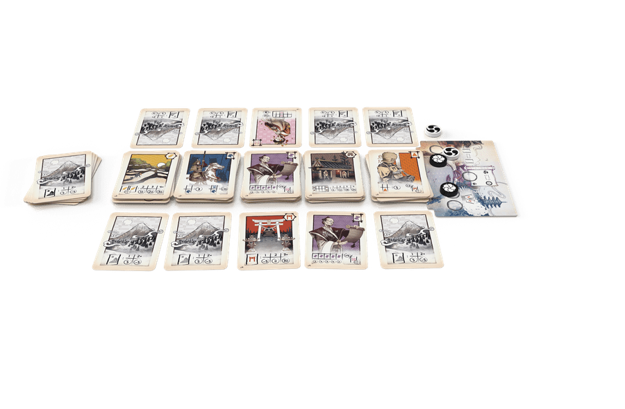 Naishi - Naishi card game setup featuring illustrated square cards with birds and numeric values on a white surface.